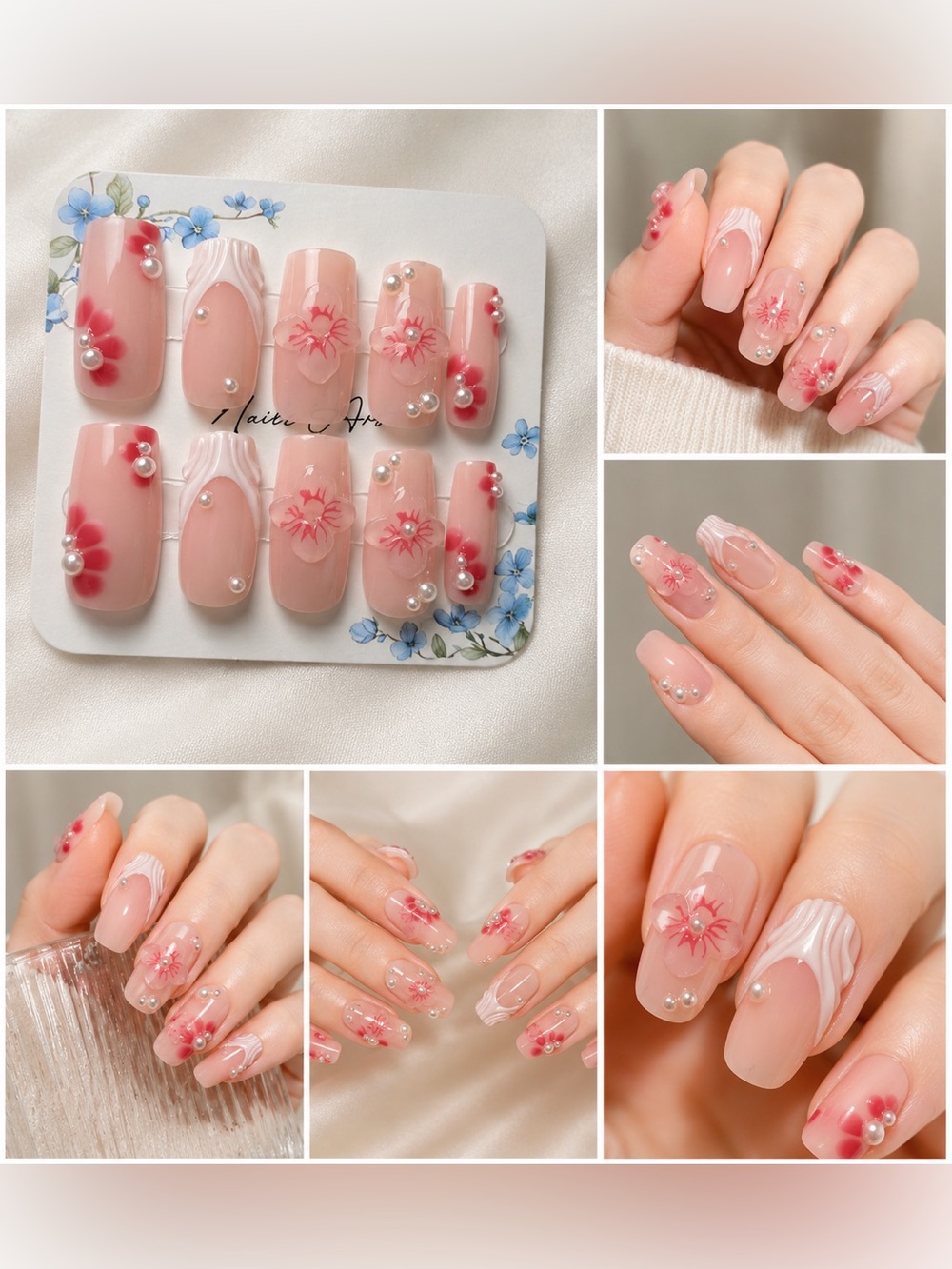 Pink Floral long squared length Press-On Nails with Pearl Accents